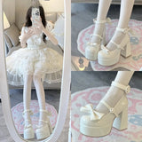 Bonnyshow  New Spring Autumn Fashion Elegant High Heel Waterproof Table Women's Shoes Lolita Style Sweet and Cute Pumps  for Lady