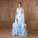 Bonnyshow Elegant Light Blue Mermaid Evening Dresses With Volume Ruched Organza Bottim Boat Neckline Long Sleeves Prom Gowns