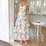 Bonnyshow  Summer Casual Vacation Style Suspender Dress Bohemian Print Cake Dresses Sleeveless Beach Long Dress Women's Vestidos