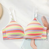 Bonnyshow New Rainbow Bras Cotton Thin Cup Push Up Bra Small Chest No Steel Ring Wirelss Soft Bra Student Sweet Bra