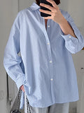 Bonnyshow Women's Shirt 100% Cotton Blue Striped Long Sleeved Leisure And Fashion Versatile Shirt Top Blue Loose Fitting Shirt
