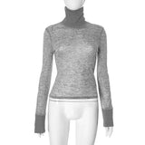 Bonnyshow Gray Turtleneck Tops for Women Sexy See Through Slim Tees Autumn Winter Fashion Long Sleeve Club Party T-shirt Streetwear