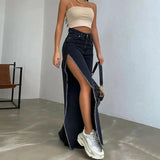 Bonnyshow Double Side High Slit Denim Trousers Spring and Summer Street Trendy Sexy Open Leg Pants Female Y2k Jeans