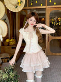 Bonnyshow  Summer Sweet Girls Two Piece Skirt Sets Lace Splicing Puff Sleeve Slim Shirt Tops + High Waist A Line Mini Skirt Outfits