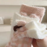 Bonnyshow Japanese Cute Socks for Women Winter Thicken Warm Plush Sock Korean Strawberry Print Coral Fleece Floor Sleeping Socks