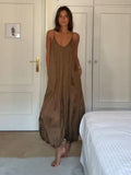 Bonnyshow  Casual Solid Slip Jumpsuit Women Vintage Brown Pleated Loose Wide Leg Jumpsuits Female 2025 Fashion Summer Street Lady Pants