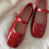 Bonnyshow  Square Toe Red Rivet Mary Jane Shoes Women Elegant Spring Autumn Flats Shoes Ladies Shallow Casual Black Loafers Footwear 2025