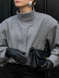 Bonnyshow Solid Color Short Women's Jacket Stand Collar Casual Loose Long Sleeve Jackets Fashion Vintage Grey Single Breasted Women Coat