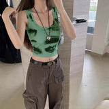 Bonnyshow Summer New 2024 Women Sexy Tank Tops O-Neck Clubwear Fashion Print Sleeveless Green Elegant Slim Knitted Casual Lady Cropped Top