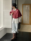 Bonnyshow Solid Color Leather Women's Cloak Shawl Fashion Round Neck Single Breasted Short Tops Autumn Casual Loose Retro Women Jacket