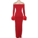 Bonnyshow Red Maxi Christmas Dresss Women Elegant Long Sleeve Slim Dresses Fashion Sexy Off The Shoulder Evening Party Dress 2024