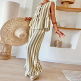 Bonnyshow  Spring Stripe Print Hollow Women Outfit Sexy Front Tie-up Bowknot Vest Top Wide Leg Pant Set Summer Sleeveless Loose Ruffle Suit