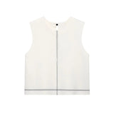 Bonnyshow  Fashion Women's Sleeveless Knit Coats Lady Top With Striped Trim Long Sleeve Button 2025 Spring Summer 2 Pieces Set Women