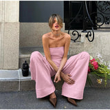 Bonnyshow  Women Pant Sets Two Piece Set Sexy Backless Sleeveless Pink Vest Loose Wide Leg Pants Suit Female Summer Fashion Lady Outfits