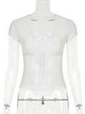 Bonnyshow  V-neck Lace Patchwork Transparent Tees White Summer Mesh Sexy Bandage Chic T-shirt Hottie Slim Solid Retro Tops