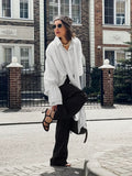 Bonnyshow White Fashionable Flared Sleeve Loose Shirt Women's Lace Up Casual Versatile Long Sleeved Office Lady Solid Color Shirt
