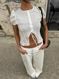 Bonnyshow  Chic Street Hollow Puffy Sleeve Shirt Women Retro White Slim O-neck Lace Up Short Shirts Lady 2025 Summer Fashion Versatile Tops