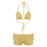 Bonnyshow  Striped Patchwork Skinny Sweet Bikinis Set Summer Fashion Beach Style Chic Women Piece 3 Set