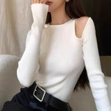 Bonnyshow Vintage Strapless Hollow Sexy Long-sleeved Sweater Women 2025 Spring New High Street O-neck Solid Color All Match Knitted Tops