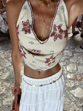 Bonnyshow  Sexy Embroidery Halter Top Women Spaghetti Strap V-neck Sleeveless Backless Lace Up Tops Female 2025 Summer Vacation Tanks Lady