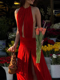Bonnyshow  Women Red Sleeveless O-neck Fold Backless Dresses Sexy Vacation Ladies Show Waist Mid-calf Evening Dress 2025 Summer Fashion New