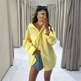 Bonnyshow  Women Oversize Yellow Striped Shirt Front Patch Pocket Long Sleeve Lapel Collar Streetwear Blouse Loose Lady Shirts