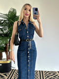 Bonnyshow  Fashion Halter Belt Jeans Long Dress For Women Single Breasted High Waist Slim Maxi Dress Lady 2025 Summer Chic Street Vestidos