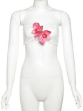 Bonnyshow  Vacation Pretty Women Two-Piece Set 3d Flowers Bandeau Mini Top+See Through Print Bottoms Beach Party Matching Suits