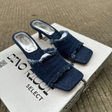 Tassel Denim Slippers Women Summer Vintage Blue High Heels Sandals Casual Streetwear Heeled Ladies Shoes Fashion Slides New 2025