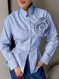 Bonnyshow Women Fashion Autumn Casual Striped Blue Flower Slim Fit Long Sleeved Shirt Office Lady Commuting Versatile Chic Shirt