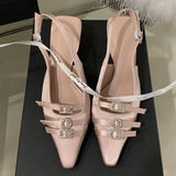Bonnyshow  Luxury Crystal Buckle Kitten Heel Design Brand Pumps Women Fashion Pointed Toe Narrow Band Dress Shoe Elegant Wedding Bride Shoe