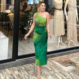 Bonnyshow Green Print Long Dress Women Fashion One Shoulder Slim Evening Party Dresses Summer Sexy Backless Ruched Maxi Dress