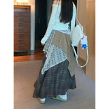 Bonnyshow Streetwear Contrast Color Patchwork A-line Skirt Women 2025 Spring New High Waist Hollow Loose Pleated Plaid Mid-length Skirt