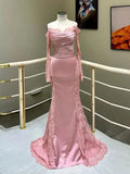 Bonnyshow Real Image Blush Pink Satin Mermaid Evening Dresses With Lace Decoration See Thru Lace Sleeves Modest Long Formal Dress