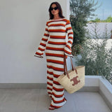 Bonnyshow Summer Knitted Beach Dress Women Sexy Hollow Out Maxi Bohemian Dresses Long Sleeve Striped Holiday Outfits Beachwear