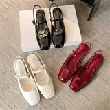 Bonnyshow  High Quality Fashion Soft Leather Square Toe Women Pumps Sandals Buckle Strap Casual Party Low Heels Female Shoes
