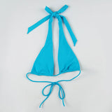 Bonnyshow  Sexy Solid Beach Halter Neck Suit Bodycon Vintage Harajuku Blue Drawstring Elastic Set Slim Vacation Bikini Set