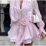 Bonnyshow  Beach 3d Flower Ruffle Women Dress Fashion Lace Up V-neck Flared Sleeve Female Dresses 2025 Summer Street Pink Lady Robe