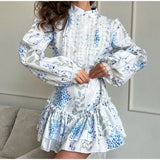 Bonnyshow  Chic Printed Pearl Shirt Pleated Skirt Set Lady Retro Patchwork Shirts High Waist A-lined Skirts Sets Female 2025 Summer Outfits