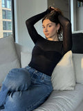 Bonnyshow Sheer Off-Shoulder Top Shirt for Women New Long Sleeve See-Through Lace Knit Pullover Tops Summer Mesh Top Tee Shirt