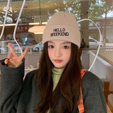 Bonnyshow Letter Embroidered Beanies Women Men Autumn Winter Warm Knitted Hat Korean Hip Hop Unisex Skullcap Couple Bonnets