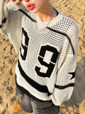 Bonnyshow  Oversized Number Pattern Sweater for Women's O-neck See Through Tops Hollow Out Knitte Long Sleeve Loose Pullovers Y2K