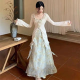 Bonnyshow  Two-Piece Set Gentle Lotus Leaf Design Niche Long-Sleeved Shirt Top Floral Skirt Spring Autumn New Waist-Hugging Slimming Suit