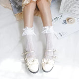 Bonnyshow Women's Summer Spring Cotton Socks Thin White Lolita Lace Stocking Black Jk Bow Sweet Mid-leg Calf Socks Sweet Style Girls Gift