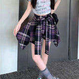 Bonnyshow Korean High Waist Lace-up Sexy Irregular Mini Skirt Women 2024 Summer New Streetwear Contrast Color Plaid Casual A-Line Skirt