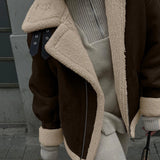 Bonnyshow Vintage Women's Coat Long Sleeve Turn-down Collar Zipper Suede Lamb Wool Jacket Thick Warm Winter 2024 Autumn New Tide