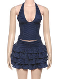 Bonnyshow  Low-Neck Polka Dots Women Two-Piece Set Halter Sleeveless Backless Mini Top+Multi-Layered Ruffles Sweet Bottoms Suits