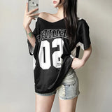 Bonnyshow  Y2k Aesthetic Summer Letter Printing T-shirts Harajuku Patchwork Loose Oversize Tops 2025 Women Harajuku Skew Collar Casual Tees