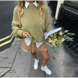 Bonnyshow Elegant Knitted Shorts Set Women Long Sleeve Sweater Top and Mini Shorts Outfits Autumn Casual Solid Basic Two Piece Set 2024