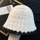 Bonnyshow Winter Plush Bucket Hat for Women Thicken Warm Faux Fur Fisherman Cap Korean Solid Color Wide-brim Female Basin Hats